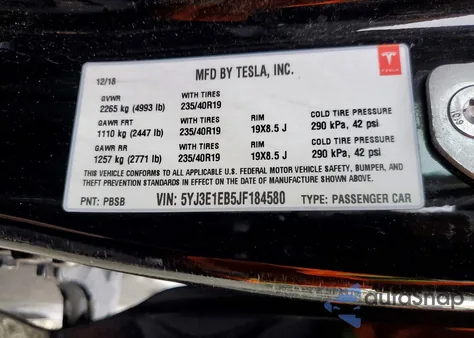 2018 Tesla Model 3 z USA, uszkodzony, nr VIN 5YJ3E1EB5JF184580
